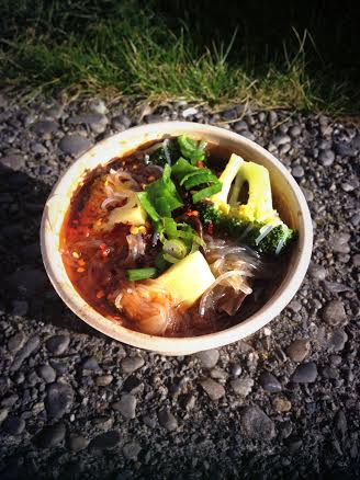 Boom. Malatang. Fresh glass noodles, vegetables and pork with a spicy kick. Delicious.