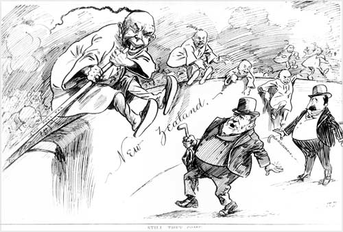 Anti-Chinese cartoon by J. Blomfield, 1905. Image from Te Ara/Alexander Turnbull Library. 
