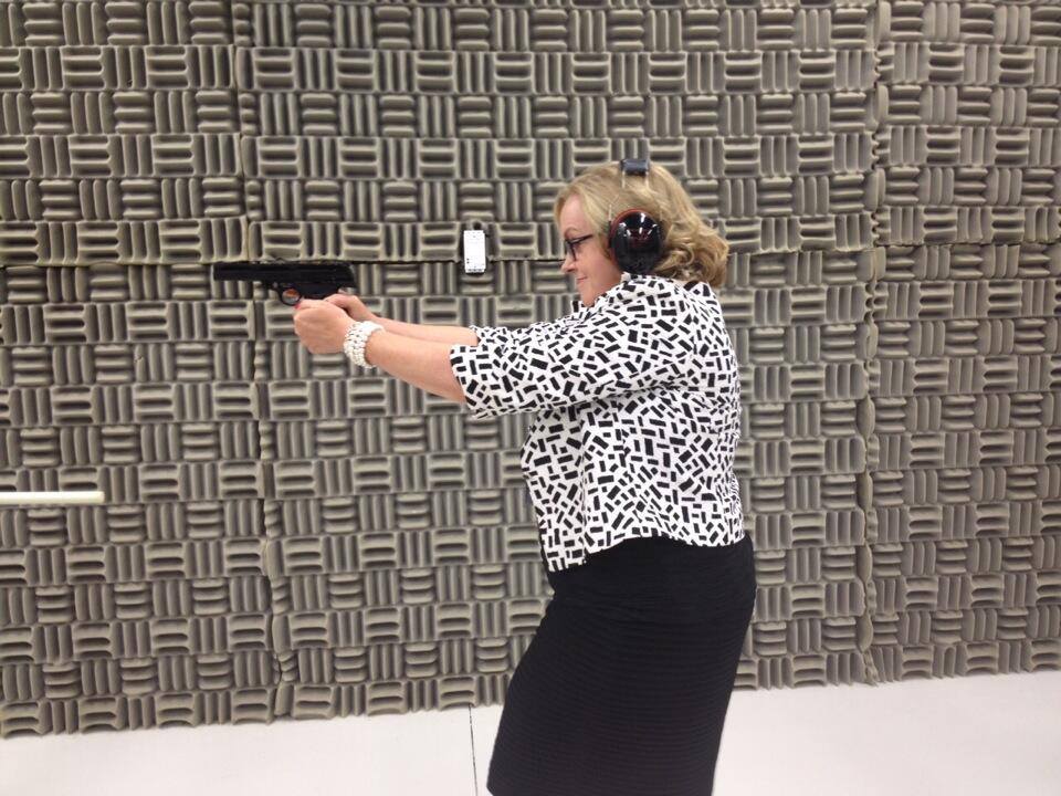 Judith Collins at the firing range. From her Facebook page.