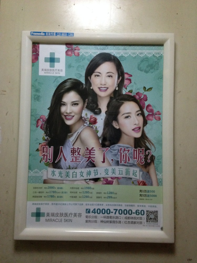 Three different cosmetic ads in one elevator. Taken in March 2015. This one says: "Others have had cosmetic surgery, have you?"